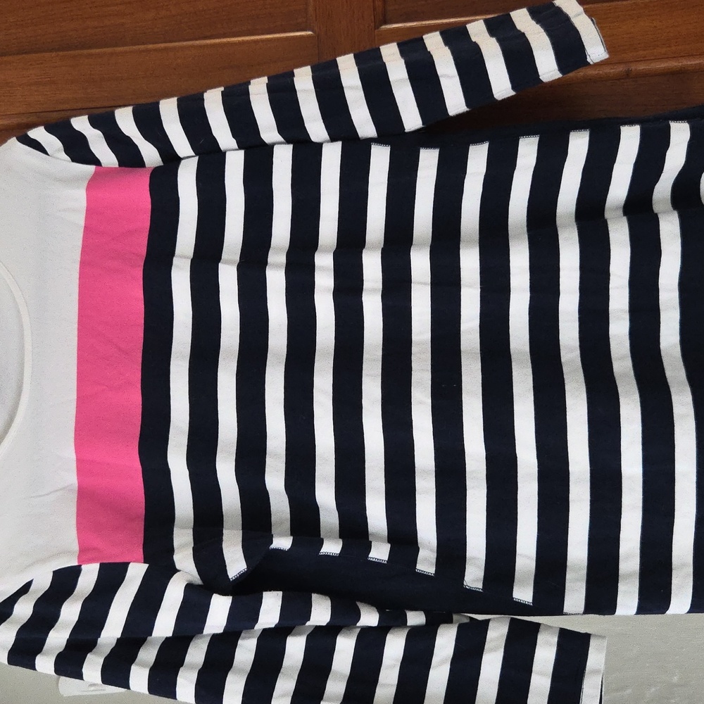 Chaps Navy and White Striped Shirt with Pink Accent